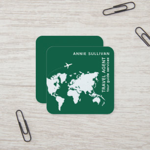 Travel Agent world map and aeroplane green Square Business Card
