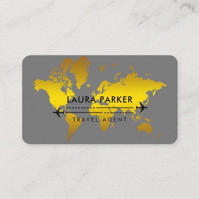 Travel Agent World Map Vacation Gold Glitter Busin Business Card (Front)