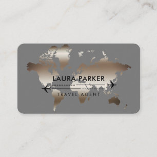 Travel Agent World Map Vacation Rose Gold Business Card