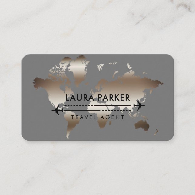 Travel Agent World Map Vacation Rose Gold Business Card (Front)