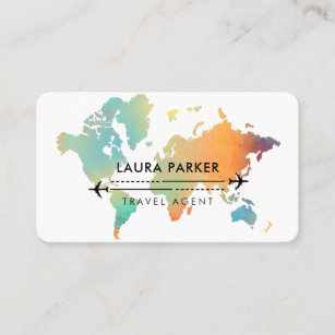 Travel Agent World Map Vacation Water Teal Beach Business Card