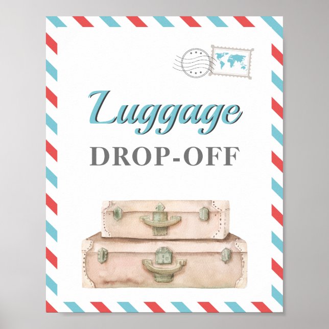 Travel Airplane Blue Red Luggage Gift Cards Table Poster (Front)