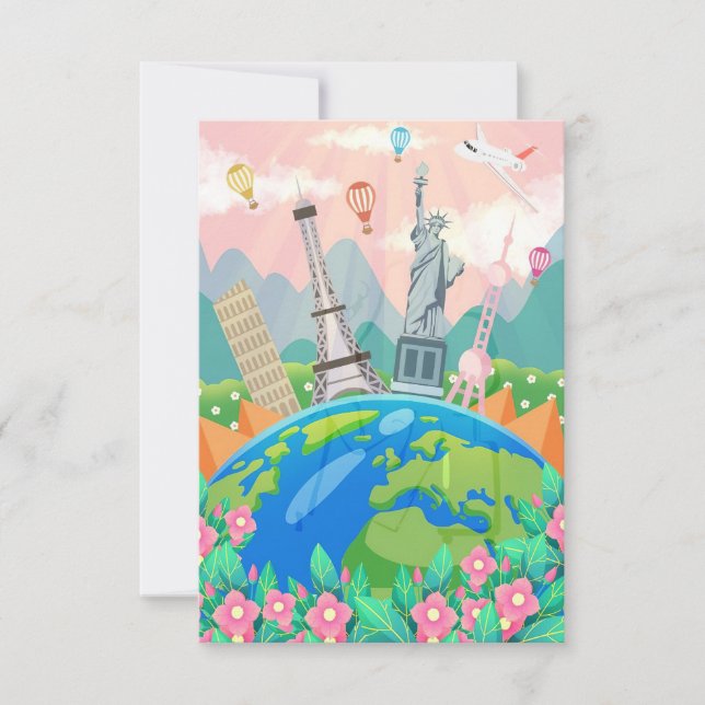 Travel Art Travel Around World RSVP Card (Front)