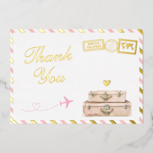 Travel Baby Girl Shower Thank You Card Pink Gold