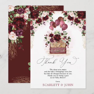 Travel Baby Shower Burgundy Blush Floral Adventure Thank You Card
