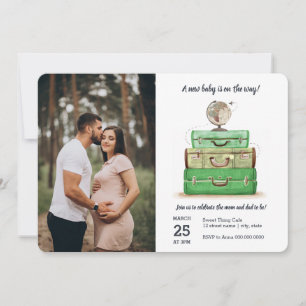 Travel Baby Shower Green Watercolor Suitcase Invitation