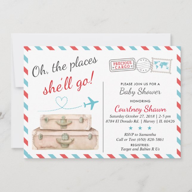 Travel Baby Shower Invitation for Girls, Airline (Front)
