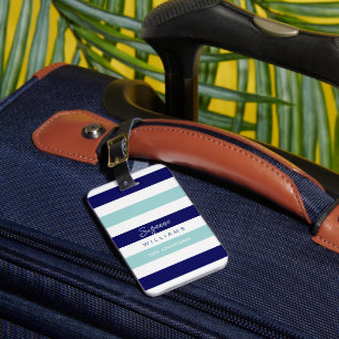 Travel Bag Tag for a Woman . with Navy Stripes