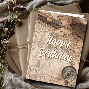 Travel Birthday Vintage Antique World Map Compass Card