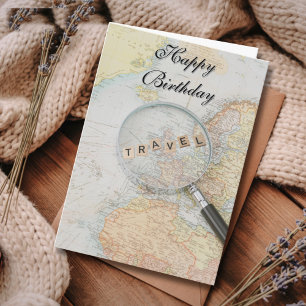 Travel Birthday Vintage Map Magnifying Glass Fun Card