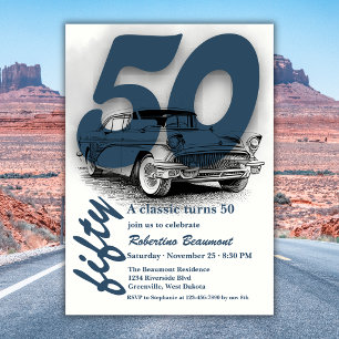 Travel Blue Classic Car Turns 50th Birthday Invitation