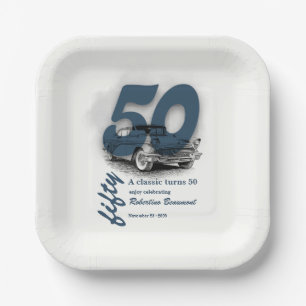 Travel Blue Classic Car Turns 50th Birthday Paper Plate