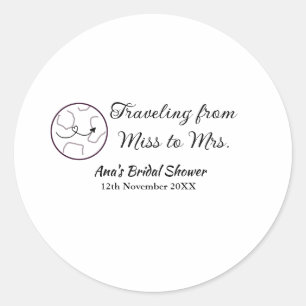 Travel bridal shower add name date miss to Mrs sim Classic Round Sticker