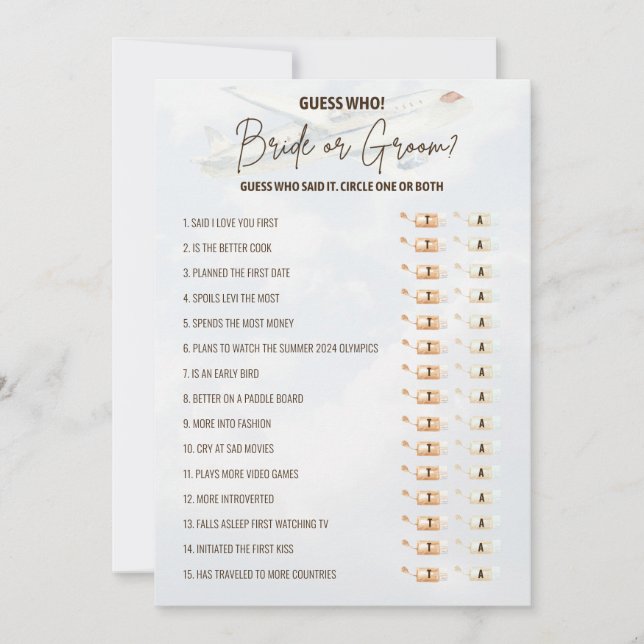 Travel Bridal Shower Bride & Groom Game Invitation (Front)