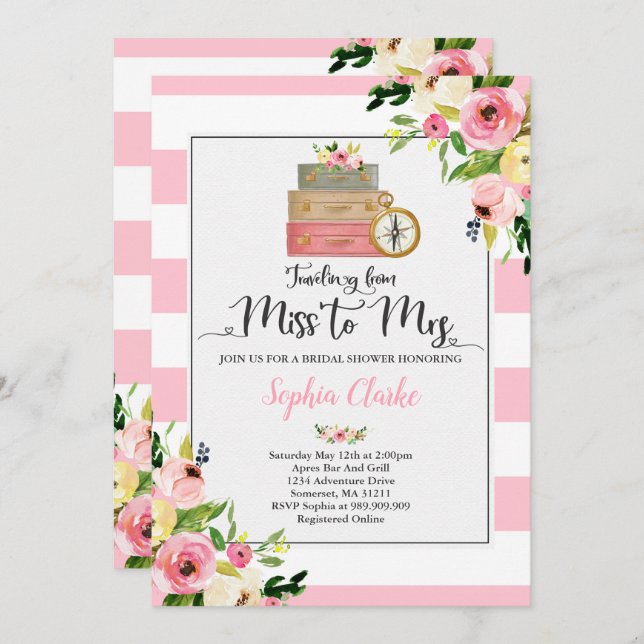 Travel Bridal Shower Invitation Miss To Mrs Floral (Front/Back)