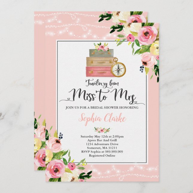 Travel Bridal Shower Invitation Miss To Mrs Floral (Front/Back)