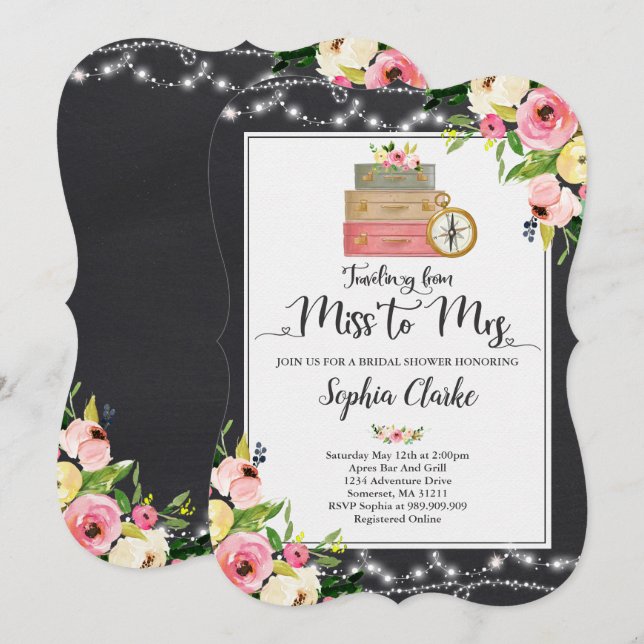 Travel Bridal Shower Invitation Miss To Mrs Floral (Front/Back)