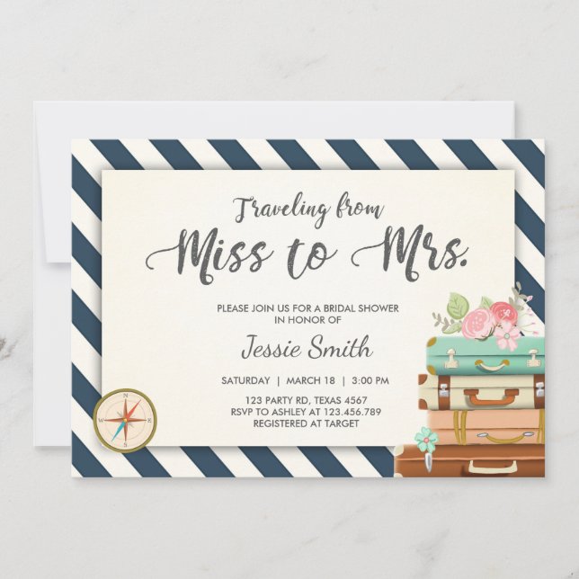 Travel Bridal shower invitation Miss to Mrs Navy (Front)