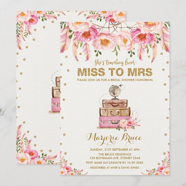 Travel Bridal Shower Miss to Mrs Boho Blush Floral Invitation (Front/Back)