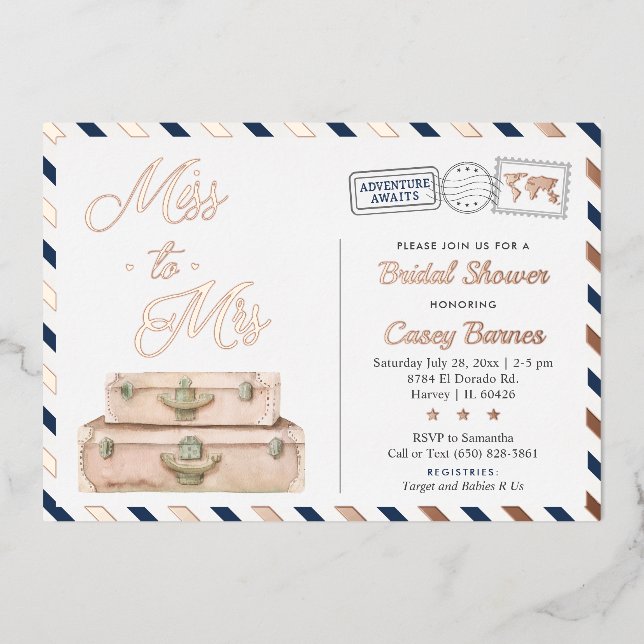 Travel Bridal Shower, Miss to Mrs Navy Rose Gold (Front)