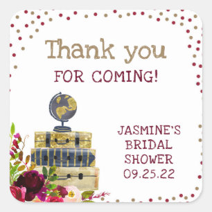Travel bridal shower thank you favour, burgundy square sticker