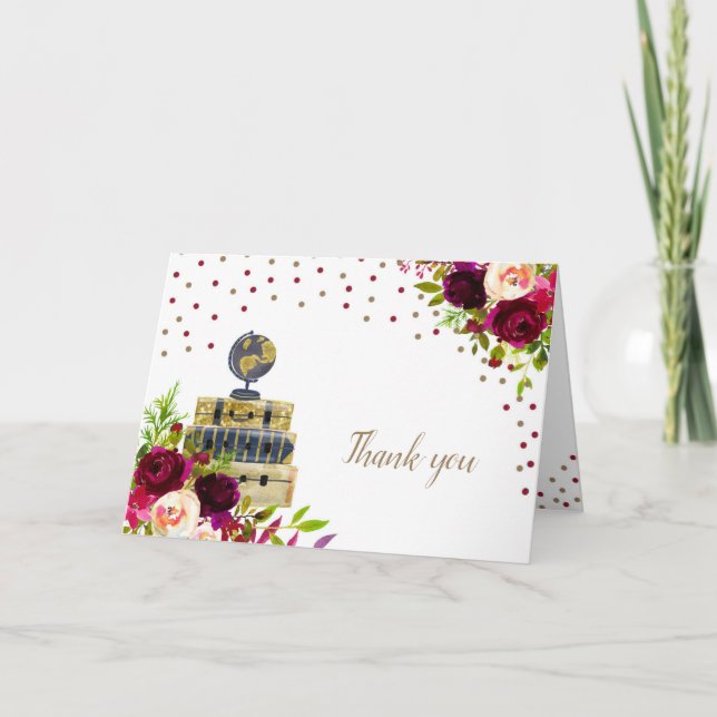 Travel bridal shower thank you note, burgundy card (Front)