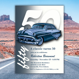 Travel Classic Blue Car Turns 50th Birthday Invitation