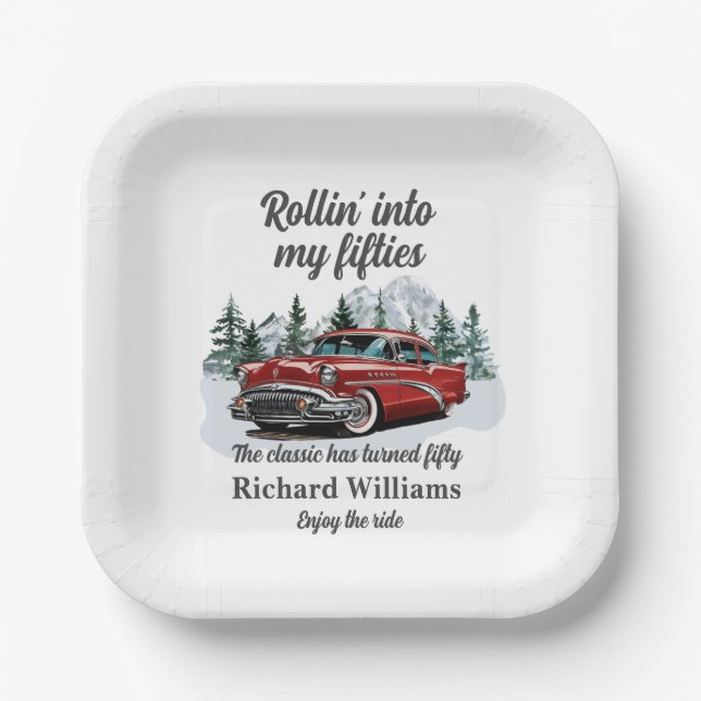 Travel Classic Retro Car Rolling 50th Birthday Paper Plate (Front)