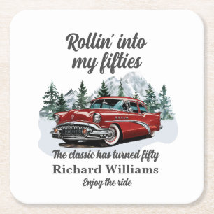 Travel Classic Retro Car Rolling 50th Birthday Square Paper Coaster