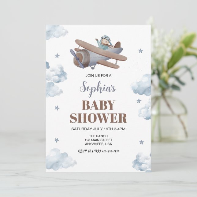 Travel Cloud Star Sky Boy Blue Airplan Baby Shower Invitation (Standing Front)