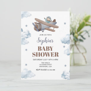 Travel Cloud Star Sky Boy Blue Airplan Baby Shower Invitation