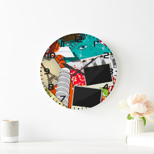 Travel Collage with Iconic Landmarks Vacation  Large Clock