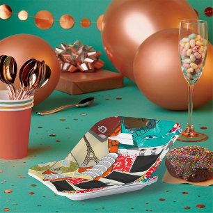 Travel Collage with Iconic Landmarks Vacation  Paper Plate