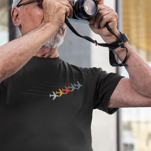 Travel Colour Aeroplanes with dotted line on black T-Shirt