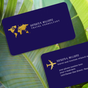 Travel Consultant Gold Map simple dark blue Business Card