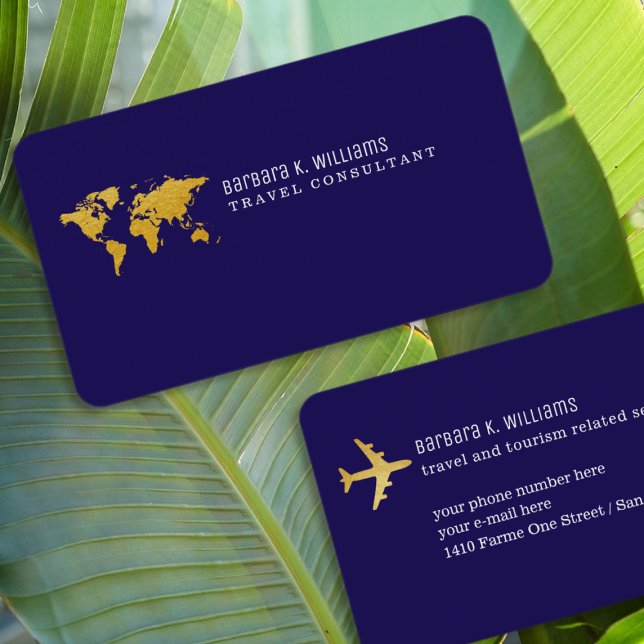 Travel Consultant Gold Map simple dark blue Business Card (Creator Uploaded)