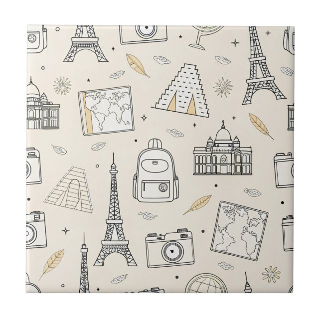 Travel Doodle Seamless Pattern Ceramic Tile (Front)