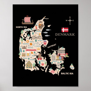 Travel Europe Denmark Map Copenhagen Danish Family Poster