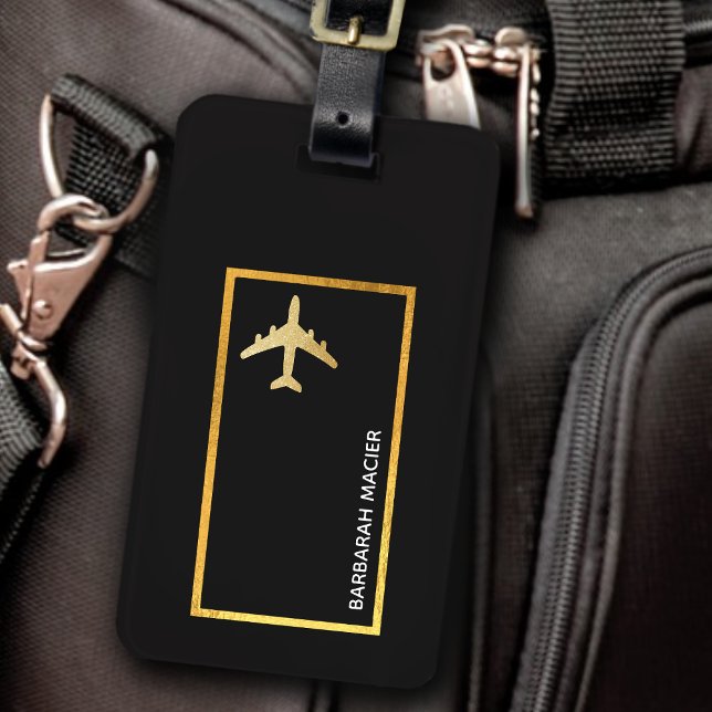 travel faux gold aeroplane customisable black luggage tag (Creator Uploaded)