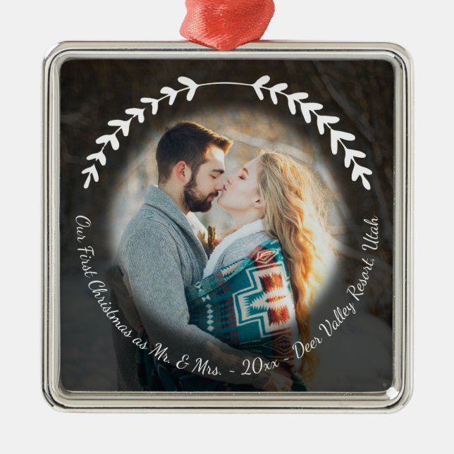 Travel Honeymoon Photo Elegant Hand-drawn Wreath Metal Ornament (Front)