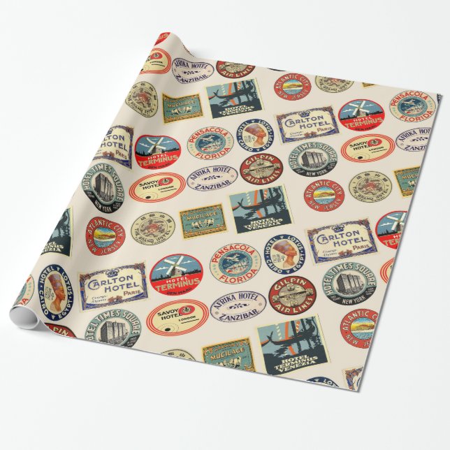 Travel, Hotel Stickers, Luggage  style, Wrapping Paper (Unrolled)