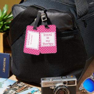 Travel is my therapy modern pink and white dots luggage tag
