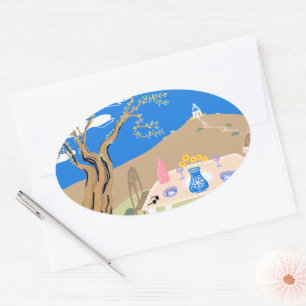 Travel keepsake Greek afternoon olive tree scene Oval Sticker