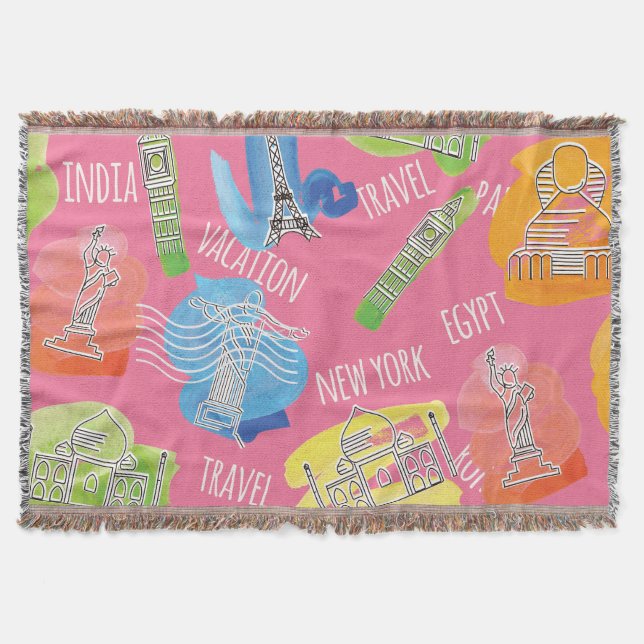 Travel Locations Pattern Throw Blanket (Front)