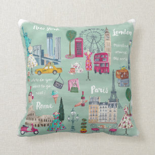 Travel London New+York Paris Cotton Throw Pillow
