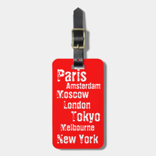 Travel luggage tag with city names