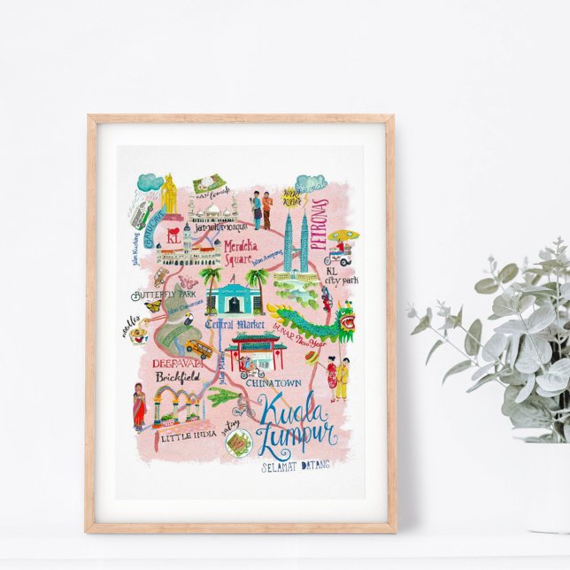 Travel map Kuala Lumpur Asia pink illustrative Poster (Creator Uploaded)