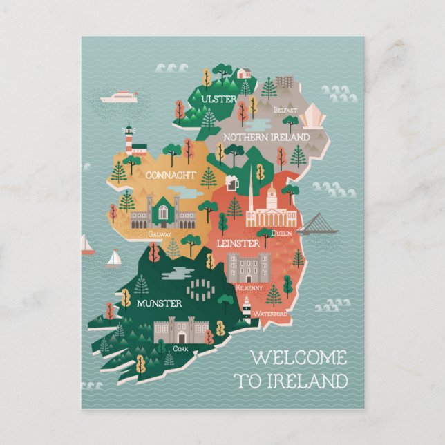 Travel Map of Ireland | Landmarks & Cities Postcard (Front)