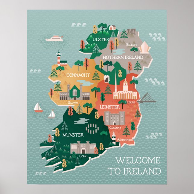 Travel Map of Ireland | Landmarks & Cities Poster (Front)