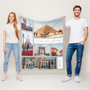 Travel Memories Photo Keepsake White Grey Fleece Blanket